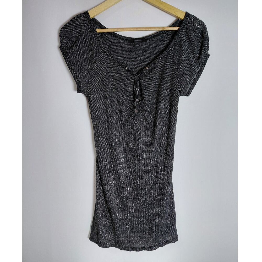 EXPRESS Metallic Knit Top Gray Solid Short Sleeve Women Size M